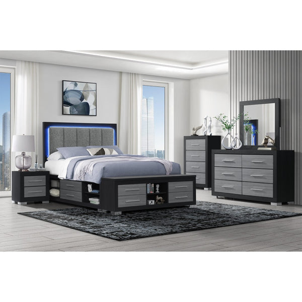 HomeRoots Black Upholstered Full Bed Frame with USB Charging, Integrated Lighting, and Under-Bed Storage Drawers 643677