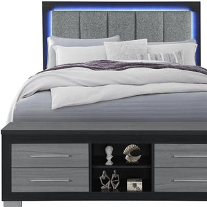 HomeRoots Black Upholstered Queen Bed Frame with USB, Drawers, and Integrated Lighting for Modern Bedrooms 643678