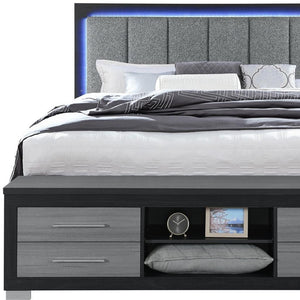 HomeRoots Black Upholstered King Bed Frame with Light, USB Charging, Drawers & Modern Gray Wood Design 643679