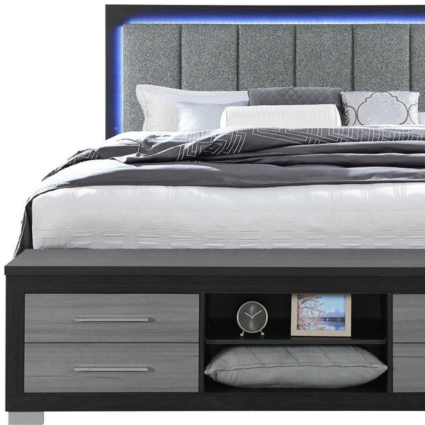 HomeRoots Black Upholstered King Bed Frame with Light, USB Charging, Drawers & Modern Gray Wood Design 643679