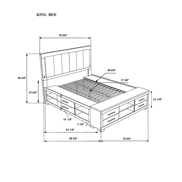 HomeRoots Black Upholstered King Bed Frame with Light, USB Charging, Drawers & Modern Gray Wood Design 643679