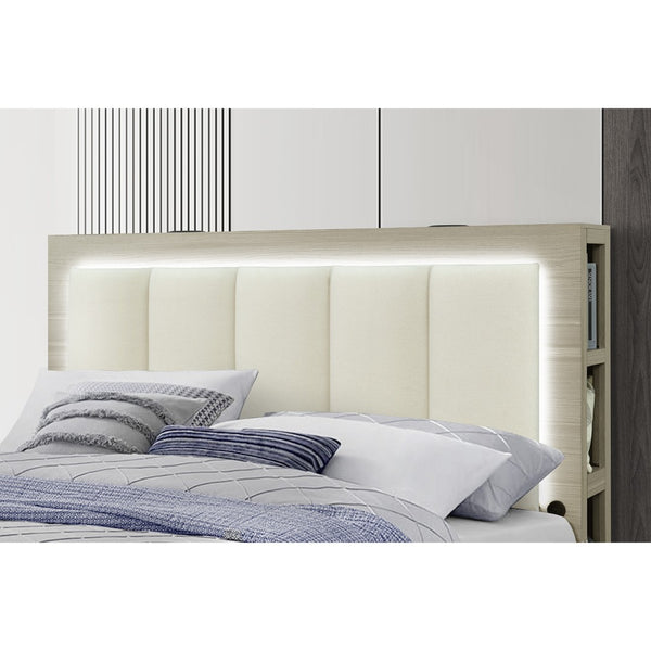HomeRoots Natural Upholstered Full Bed Frame with USB, Drawers & Lighting - Elegant Beige & Wood Design 643680