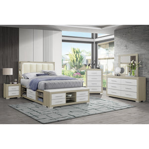 HomeRoots Natural Upholstered Full Bed Frame with USB, Drawers & Lighting - Elegant Beige & Wood Design 643680