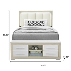 HomeRoots Natural Lighted Upholstered Full Bed Frame with USB, Drawers & Cozy Beige Accents for Modern Bedrooms 643683