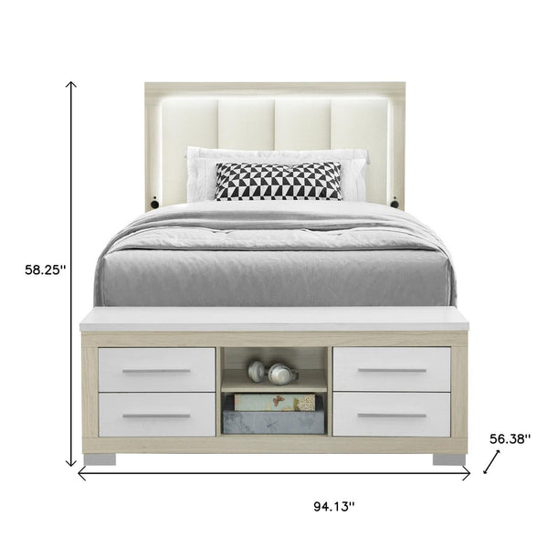 HomeRoots Natural Lighted Upholstered Full Bed Frame with USB, Drawers & Cozy Beige Accents for Modern Bedrooms 643683
