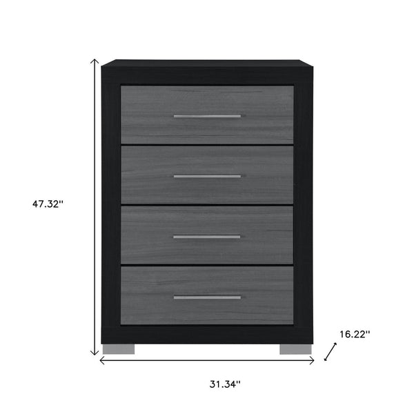 HomeRoots 31" Modern Black and Gray Four-Drawer Dresser with Square Silver Feet - Sleek Storage Solution 643686