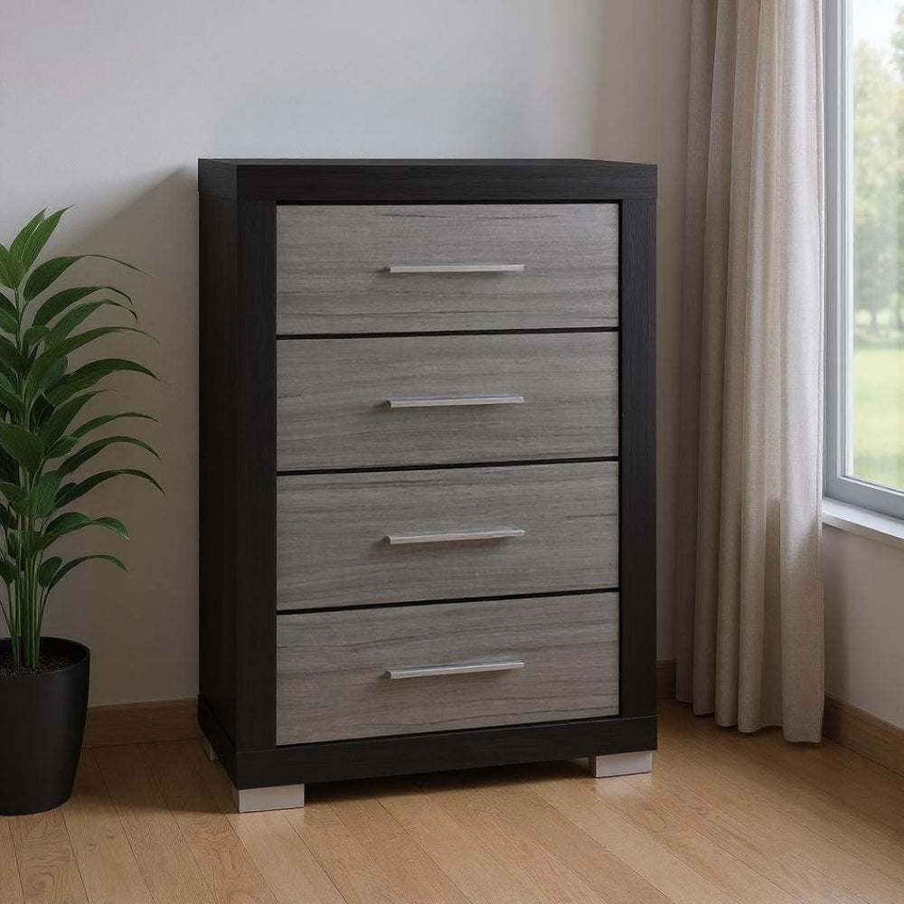 HomeRoots 31" Modern Black and Gray Four-Drawer Dresser with Square Silver Feet - Sleek Storage Solution 643686