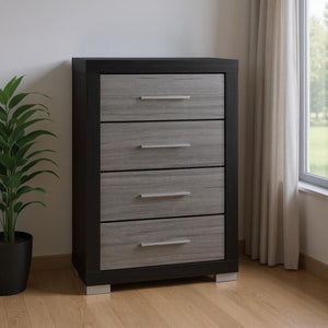 HomeRoots 31" Modern Black and Gray Four-Drawer Dresser with Square Silver Feet - Sleek Storage Solution 643686