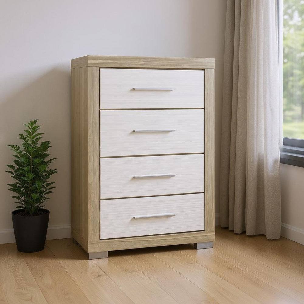 HomeRoots 31" Stylish Natural and White Wood Dresser with Four Drawers for Organized Bedroom Storage Solutions 643687