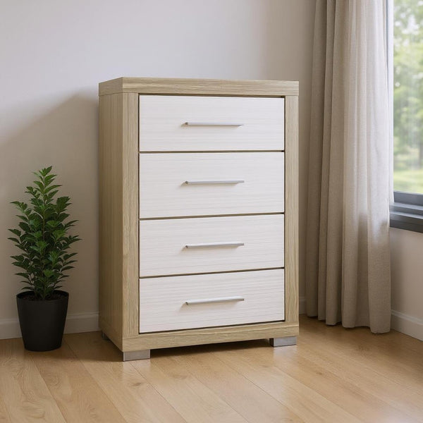 HomeRoots 31" Stylish Natural and White Wood Dresser with Four Drawers for Organized Bedroom Storage Solutions 643687