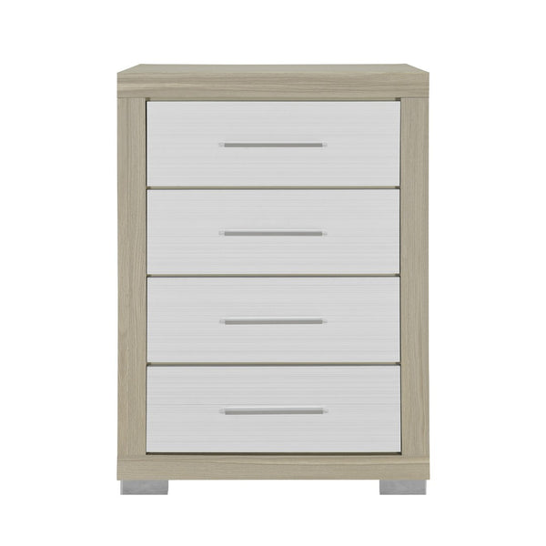 HomeRoots 31" Stylish Natural and White Wood Dresser with Four Drawers for Organized Bedroom Storage Solutions 643687