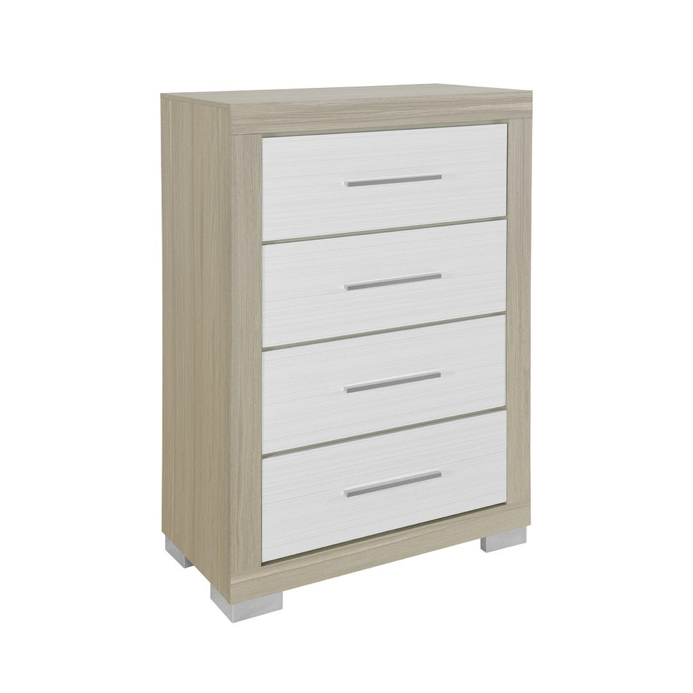 HomeRoots 31" Stylish Natural and White Wood Dresser with Four Drawers for Organized Bedroom Storage Solutions 643687