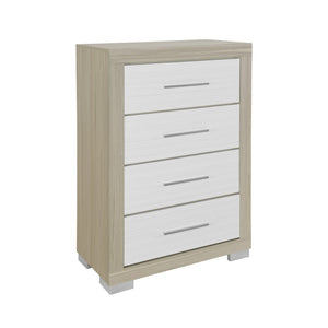HomeRoots 31" Stylish Natural and White Wood Dresser with Four Drawers for Organized Bedroom Storage Solutions 643687