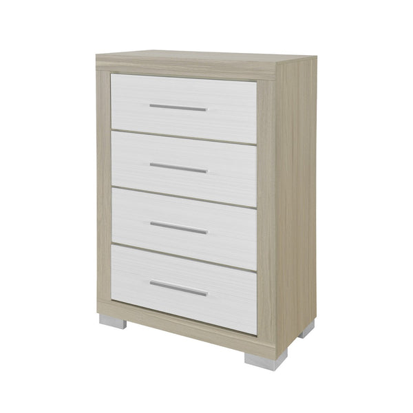 HomeRoots 31" Stylish Natural and White Wood Dresser with Four Drawers for Organized Bedroom Storage Solutions 643687