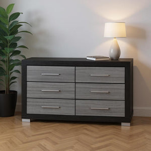 HomeRoots 63" Sleek Black and Gray Six-Drawer Double Dresser for Stylish Bedroom Organization and Elegance 643688