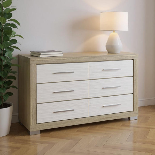 HomeRoots 63" Natural and White Wood Six Drawer Dresser – Modern Design, Ample Storage, Fully Assembled Appeal! 643689