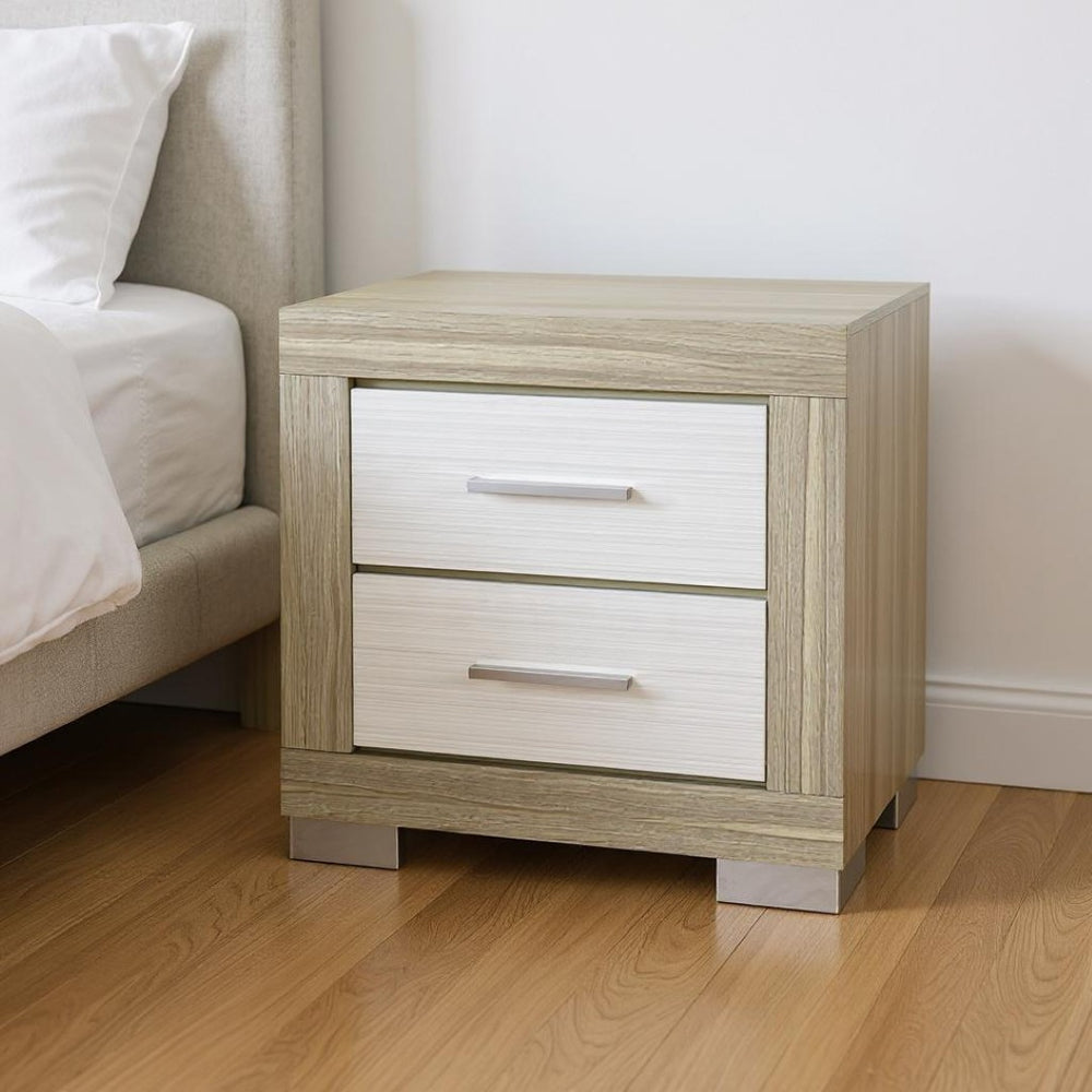 HomeRoots 23" Modern Two-Drawer Nightstand in Natural and White Finish - Stylish Storage Solution for Home 643691