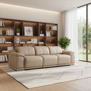 HomeRoots 108" Beige Leather Reclining Sofa with USB Charging - Modern Comfort, Stainless Steel Legs, 3-Seater 643694