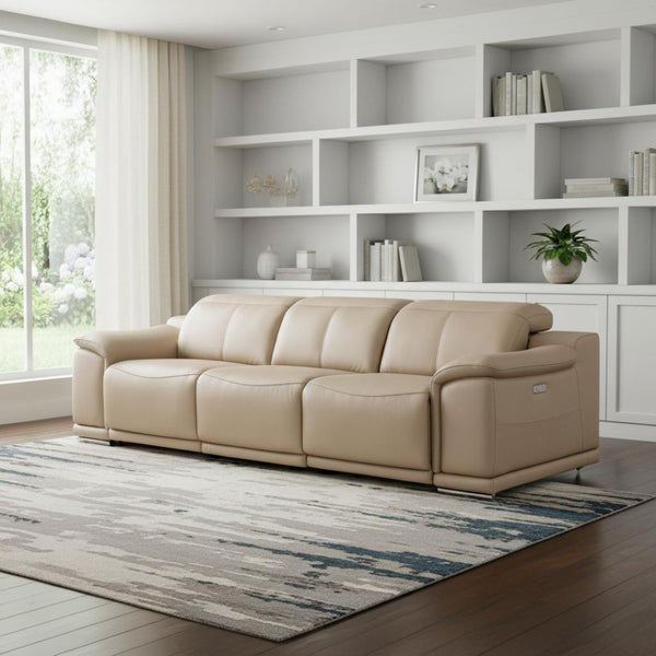 HomeRoots 108" Beige Leather Reclining Sofa with USB Charging - Modern Comfort, Stainless Steel Legs, 3-Seater 643694