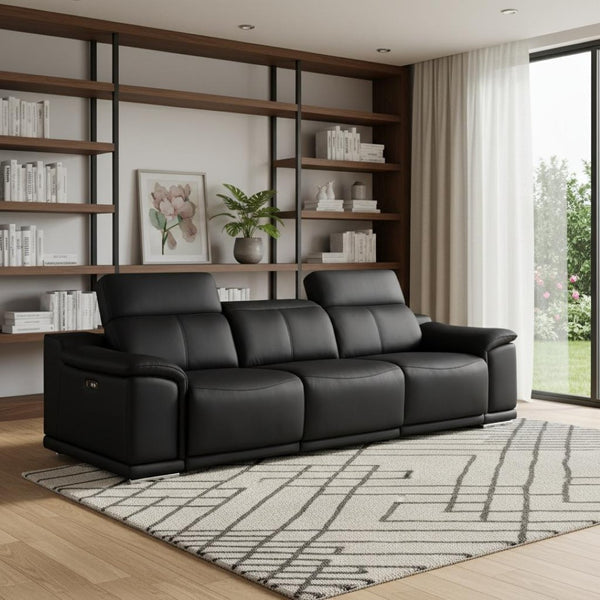 HomeRoots 108" Black Leather Reclining Sofa with USB Charging - Luxurious Comfort & Modern Design for Living Rooms 643696