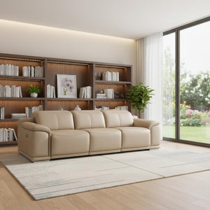 HomeRoots 108" Beige Leather Reclining Sofa with USB, Stainless Steel Legs - Modern Comfort for Any Space 643698