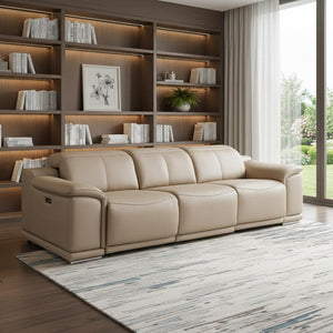 HomeRoots 108" Beige Leather Reclining Sofa with USB, Stainless Steel Legs - Modern Comfort for Any Space 643698