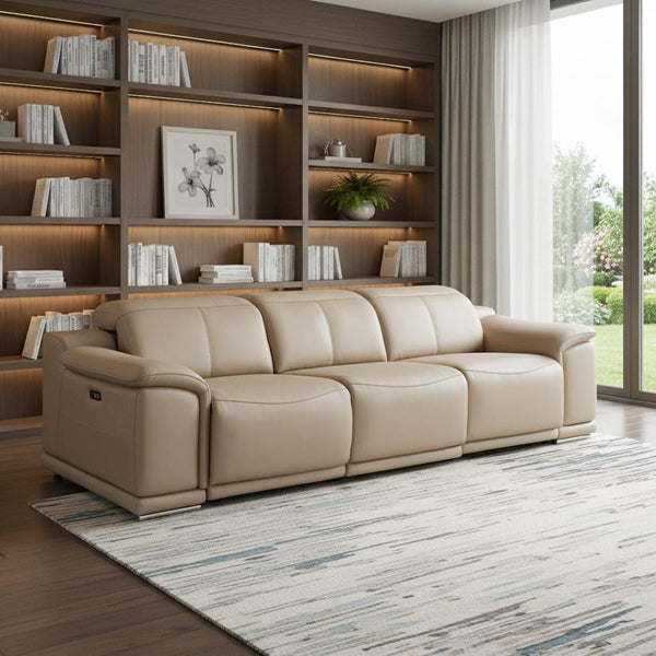 HomeRoots 108" Beige Leather Reclining Sofa with USB, Stainless Steel Legs - Modern Comfort for Any Space 643698