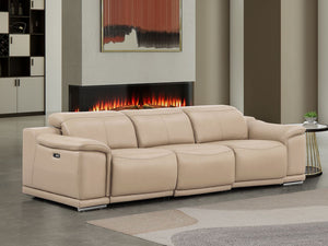 HomeRoots 108" Beige Leather Reclining Sofa with USB, Stainless Steel Legs - Modern Comfort for Any Space 643698