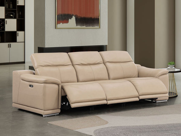 HomeRoots 108" Beige Leather Reclining Sofa with USB, Stainless Steel Legs - Modern Comfort for Any Space 643698