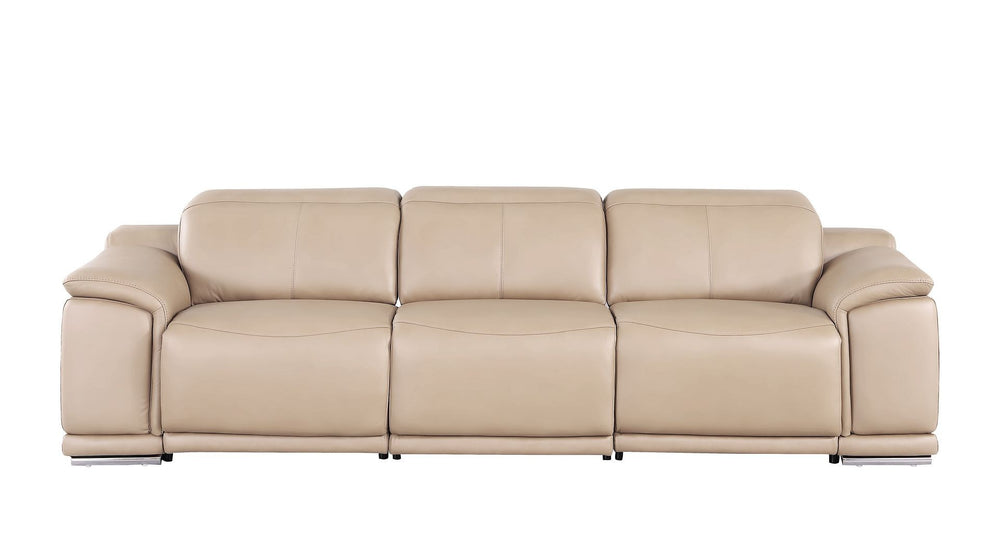 HomeRoots 108" Beige Leather Reclining Sofa with USB, Stainless Steel Legs - Modern Comfort for Any Space 643698