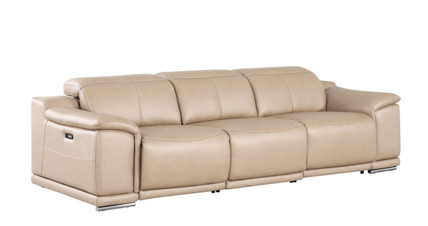 HomeRoots 108" Beige Leather Reclining Sofa with USB, Stainless Steel Legs - Modern Comfort for Any Space 643698
