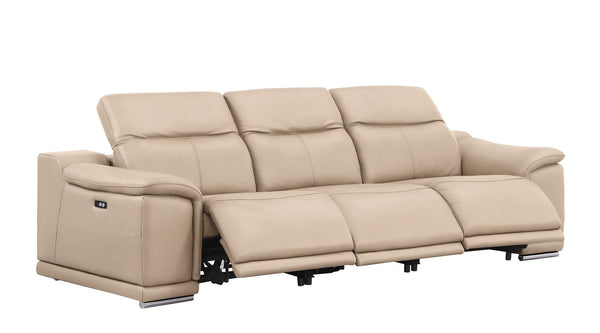 HomeRoots 108" Beige Leather Reclining Sofa with USB, Stainless Steel Legs - Modern Comfort for Any Space 643698