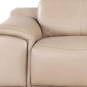HomeRoots 108" Beige Leather Reclining Sofa with USB, Stainless Steel Legs - Modern Comfort for Any Space 643698