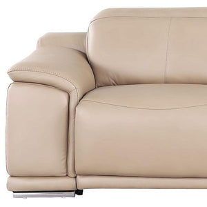 HomeRoots 108" Beige Leather Reclining Sofa with USB, Stainless Steel Legs - Modern Comfort for Any Space 643698