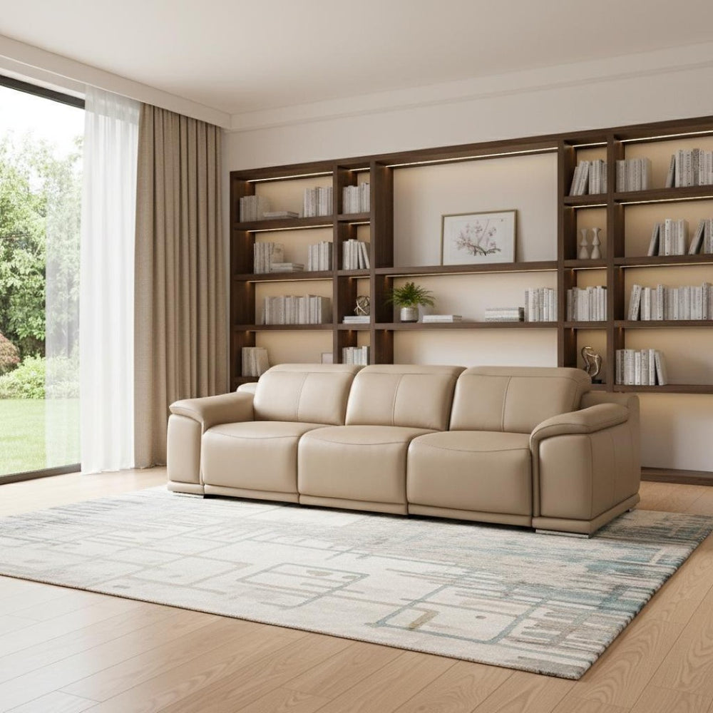 HomeRoots 108" Beige Leather Reclining Sofa with USB Charging – Plush Comfort & Modern Style for Living Rooms 643699
