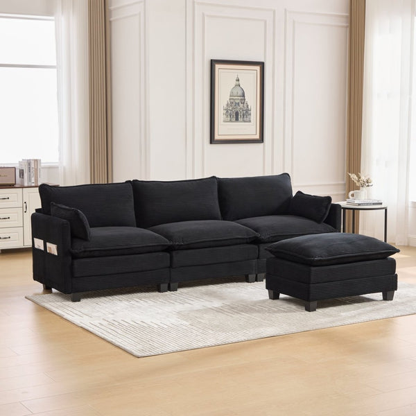 English Elm United We Win Modular Corduroy Sectional with Ottoman Low Profile Living Room Couch Black W1568S00260