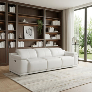 HomeRoots 108" White Leather Reclining Sofa with USB Charging - Luxurious Comfort for Modern Living Spaces 643701