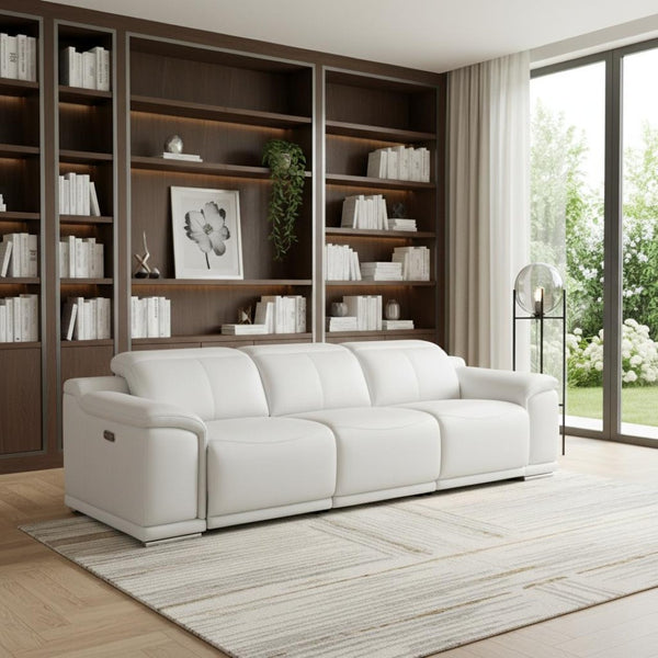 HomeRoots 108" White Leather Reclining Sofa with USB Charging - Luxurious Comfort for Modern Living Spaces 643701