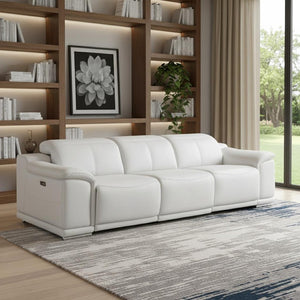 HomeRoots 108" White Leather Reclining Sofa with USB Charging - Luxurious Comfort for Modern Living Spaces 643701