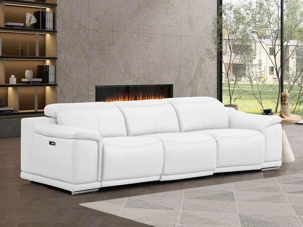HomeRoots 108" White Leather Reclining Sofa with USB Charging - Luxurious Comfort for Modern Living Spaces 643701