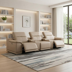 HomeRoots 134" Luxurious Beige Leather Reclining Sofa with USB Charging & Modern Stainless Steel Legs 643702