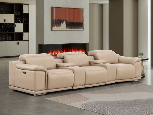 HomeRoots 134" Luxurious Beige Leather Reclining Sofa with USB Charging & Modern Stainless Steel Legs 643702