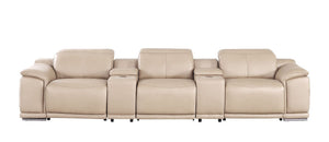 HomeRoots 134" Luxurious Beige Leather Reclining Sofa with USB Charging & Modern Stainless Steel Legs 643702