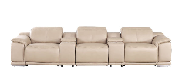 HomeRoots 134" Luxurious Beige Leather Reclining Sofa with USB Charging & Modern Stainless Steel Legs 643702
