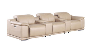 HomeRoots 134" Luxurious Beige Leather Reclining Sofa with USB Charging & Modern Stainless Steel Legs 643702