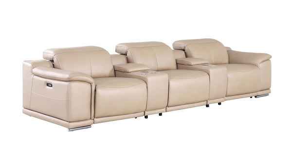 HomeRoots 134" Luxurious Beige Leather Reclining Sofa with USB Charging & Modern Stainless Steel Legs 643702