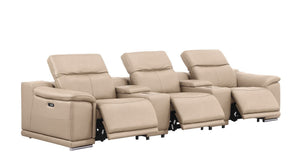 HomeRoots 134" Luxurious Beige Leather Reclining Sofa with USB Charging & Modern Stainless Steel Legs 643702