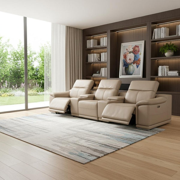HomeRoots 134" Beige Leather Reclining Sofa with USB - Modern Comfort, Durable Design & Stylish Stainless Steel Legs 643703