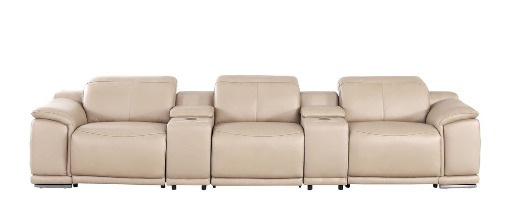 HomeRoots 134" Beige Leather Reclining Sofa with USB - Modern Comfort, Durable Design & Stylish Stainless Steel Legs 643703