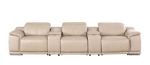 HomeRoots 134" Beige Leather Reclining Sofa with USB - Modern Comfort, Durable Design & Stylish Stainless Steel Legs 643703